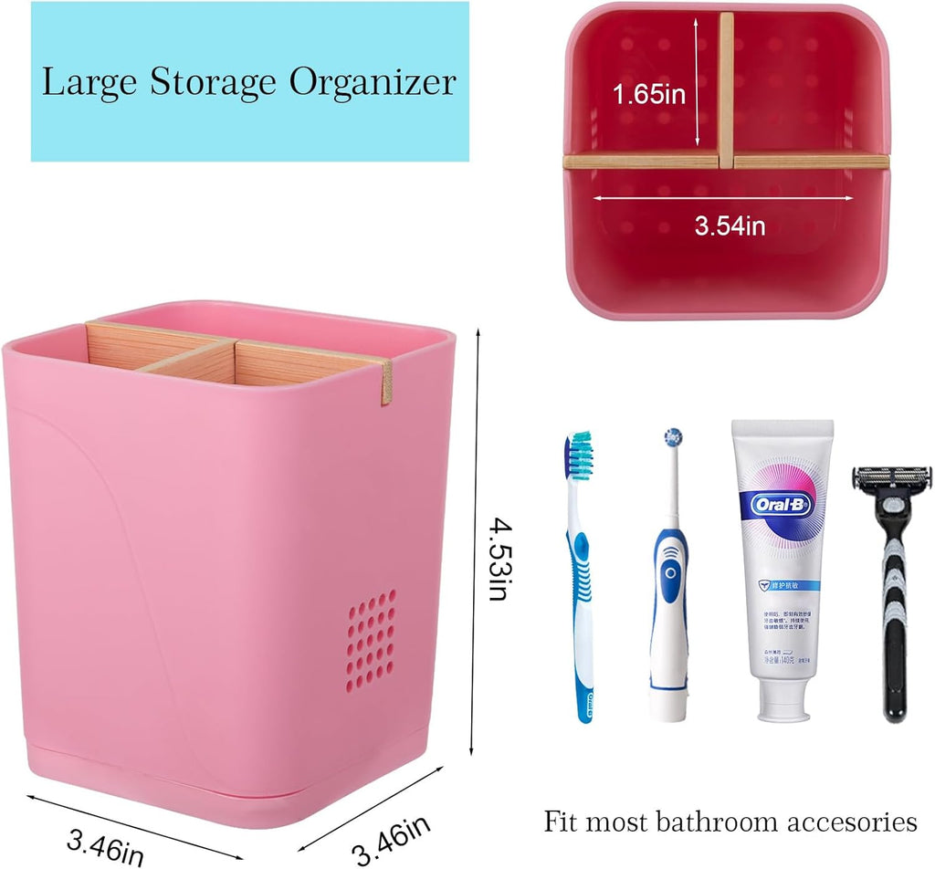 Electric Toothbrush Holder 3 Slots Tooth Brushing Holder with Bamboo Dividers for Bathrooms, Plastic Toothbrush and Toothpaste Organizer for Shower, Countertop, Vanity, Pink