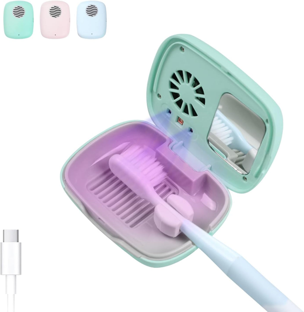 Toothbrush Holder, Toothbrush Cleaner Case, Portable USB Charging Toothbrush Cover with U V-C Light, Travel Toothbrush Holder (Green-Fan)