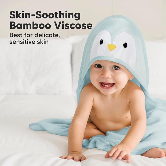 KeaBabies Hooded Baby Towel for Newborn - Viscose Derived from Bamboo Large Baby Bath Towels with Hood for Boys, Girls, Toddler, Extra Absorbent & Soft Newborn Bath Essentials (Penguin, Regular)