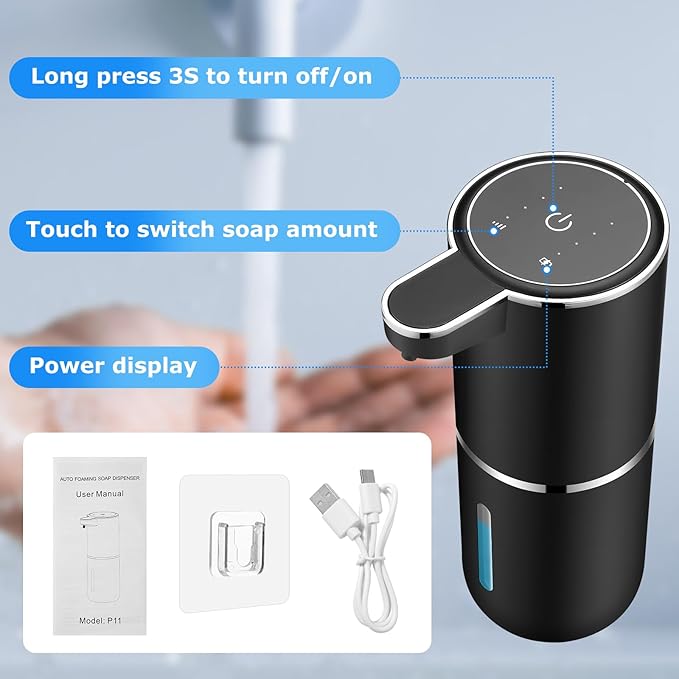 2 Pack Automatic Soap Dispensers,12.8oz/380ml USB Touchless Automatic Foaming Soap Dispenser,Rechargeabled Wall Mounted Smart Soap Dispenser for Bathroom Kitchen Dish Soap(Black)