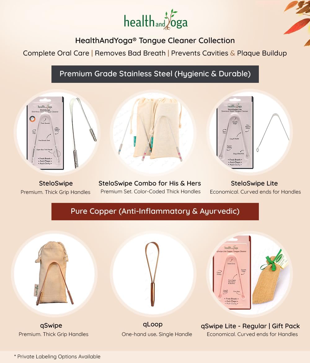 HealthAndYoga™ qSwipe Copper Tongue Cleaner Scraper - Hygienic, Non-Synthetic Grip – Tongue Brush Cleaner (Copper - 2-Pack)