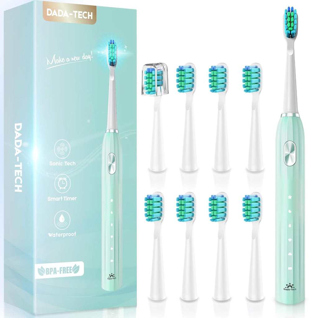 DADA-TECH Ultrasonic Toothbrush for Adults Sonic Toothbrush, 9 Brush Heads, 5 Cleaning Modes, 4-Hour Charge Lasts 60 Days (Green)
