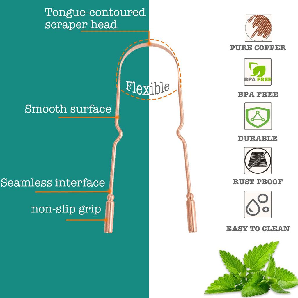 Copper Tongue Scraper (2 Pack), Tongue Cleaner for Reduce Bad Breath, Tongue Scrapers for Adults & Kids, 100% Copper Metal Tongue Scrubber Set for Oral Care & Easy to Use (round-bead)