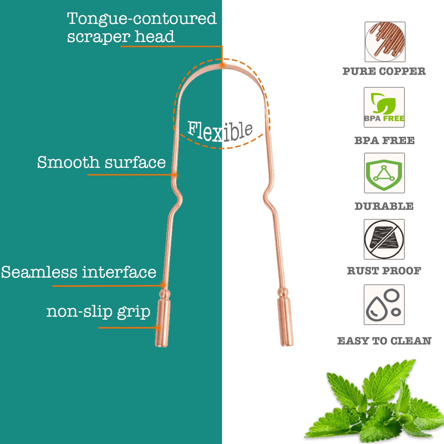 Copper Tongue Scraper (2 Pack), Tongue Cleaner for Reduce Bad Breath, Tongue Scrapers for Adults & Kids, 100% Copper Metal Tongue Scrubber Set for Oral Care & Easy to Use (round-bead)