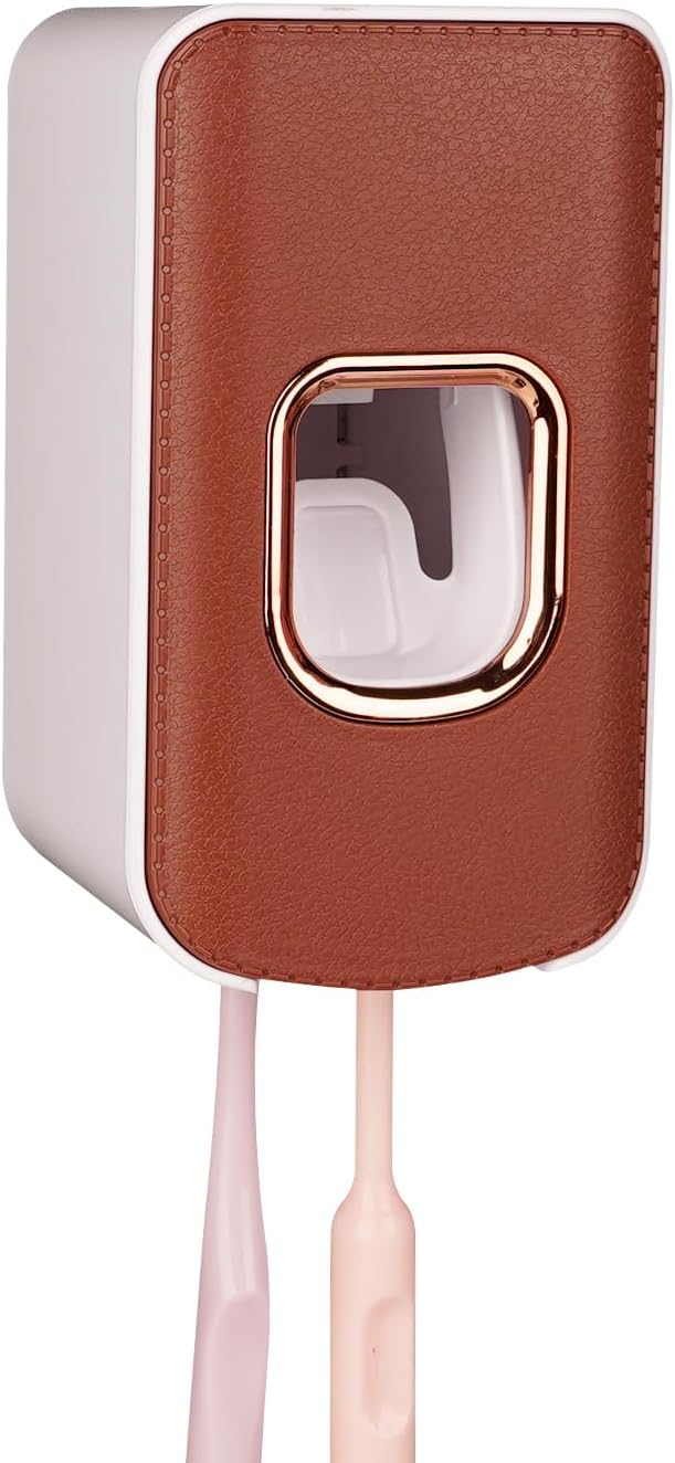 2 Slot Plastic Toothbrush Holder and Toothpaste Dispenser Wall Mounted, Automatic Toothpaste Squeezer, 2 in 1 Tooth Brush Toothpaste Organizer for Shower (Brown)