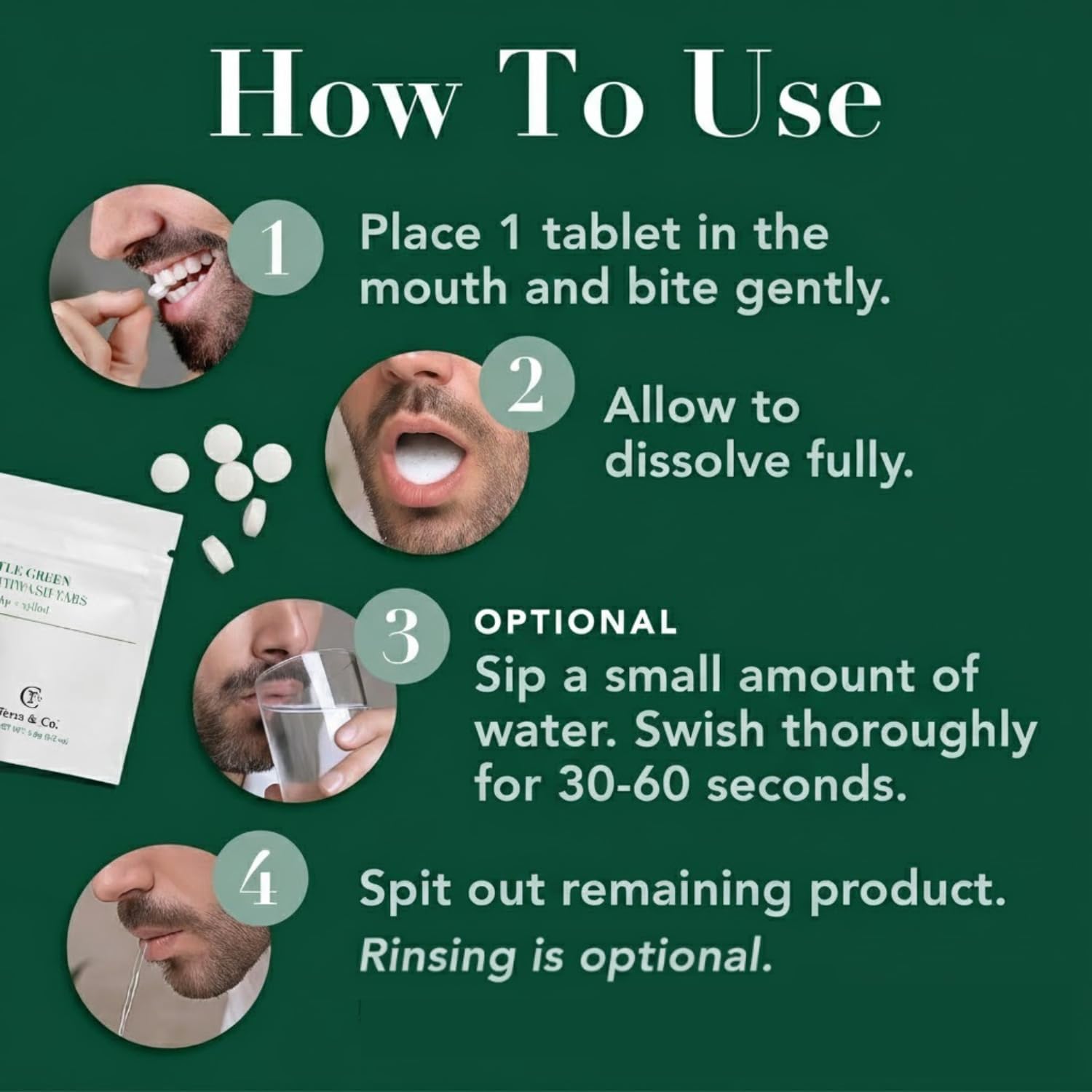 Terra & Co. Gentle Green Toothpaste Tablets – 5 Travel Sachets with 6 Fluoride-Free Tabs Each – Nano-Hydroxyapatite Mouthwash for Oral Health – TSA-Compliant, Plastic-Free, Mint Flavor, Eco-Friendly