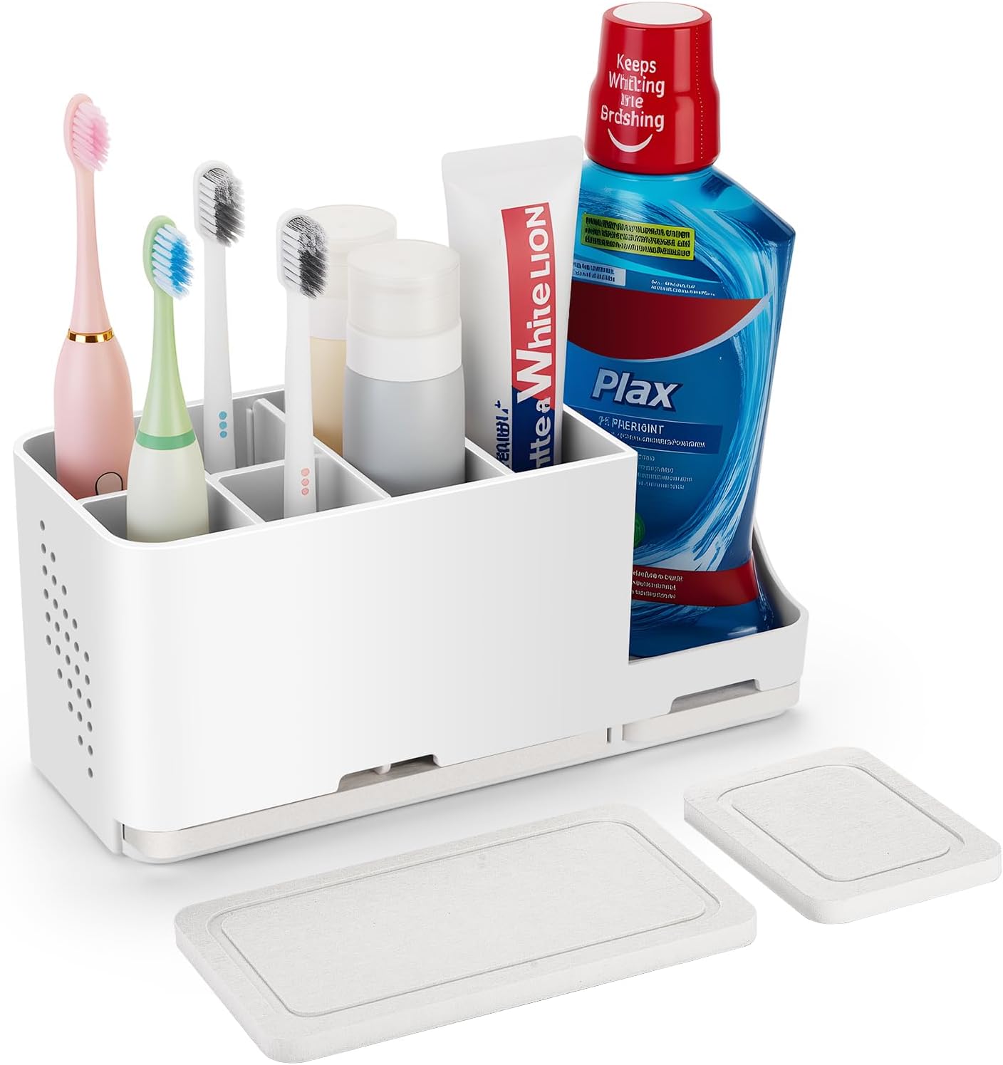 Toothbrush Holder for Bathroom Organizer with Diatom mud Board，Detachable 8 Slots Kids Electric Toothbrush Holder and Toothpaste Stand for Countertop Accessories Storage (White)