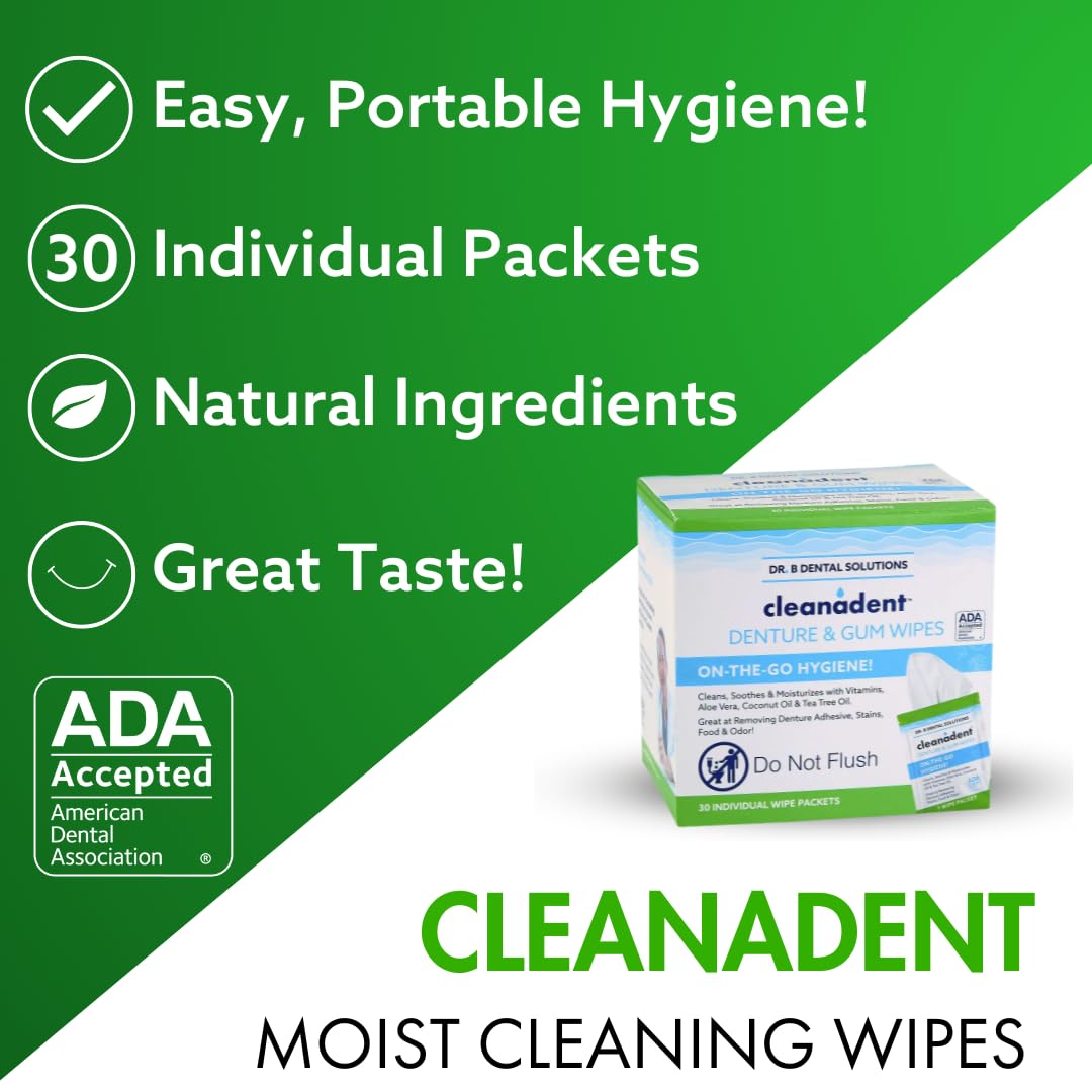 Dr. B Dental Solutions Cleanadent Wipes - Convenient Denture Cleaning Wipes, Refreshes Gums, No Artificial Colors/Flavors - 30 Count