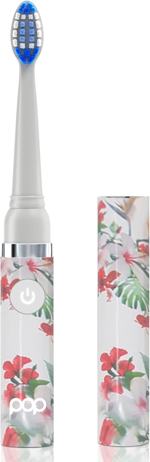 Pop Sonic Electric Toothbrush (White Floral) - Travel Toothbrushes w/AAA Battery | Kids Electric Toothbrushes with 2 Speed & 15,000-30,000 Strokes/Minute, Dupont Nylon Bristles