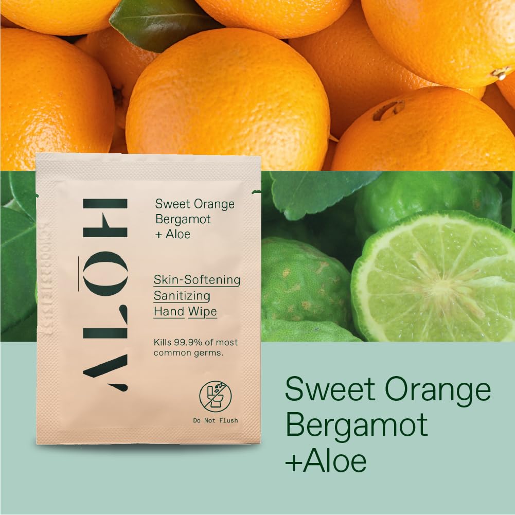 ALŌH Skin - Softening Sanitizing Hand Wipes – Sweet Orange Bergamot - 4 Boxes of 20 Individually Wrapped Wipes (80 wipes)