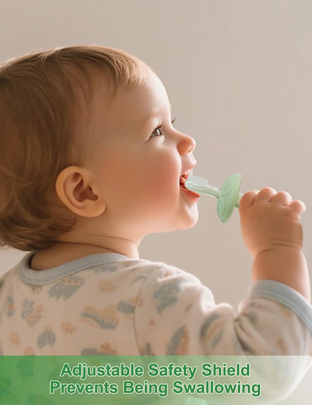 Baby Toothbrush & Teether for Infant and Toddler, Silicone Baby Oral and Tongue Cleaner, Ultra Soft Infant Training Toothbrush with Travel Case, Adjustable Safety Shield - Green