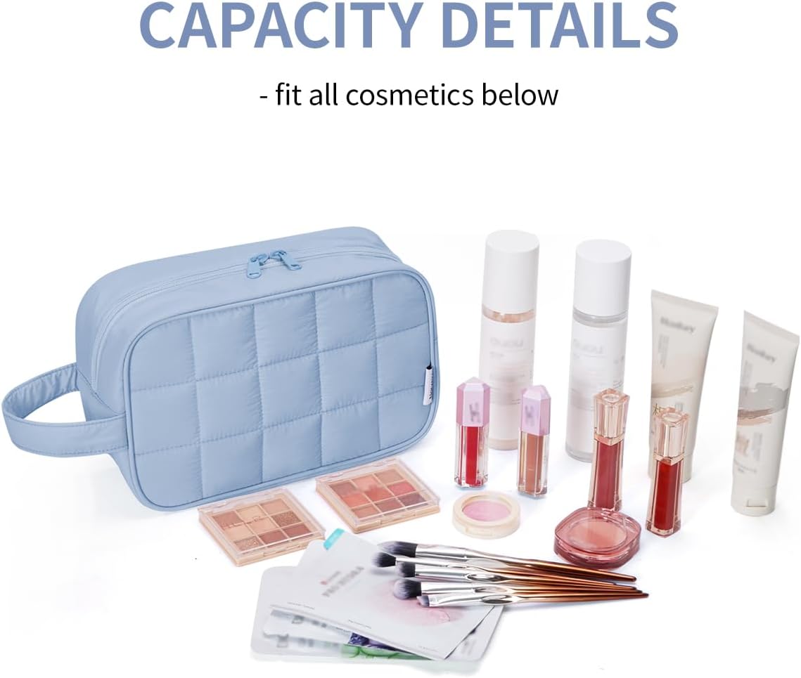 Narwey Puffy Travel Toiletry Bag for Traveling Women Girl, Travel Bag for Toiletries, Cute Travel Makeup Bag Organizer, Quilted Cosmetic Bag Make Up Skincare Medicine Bags