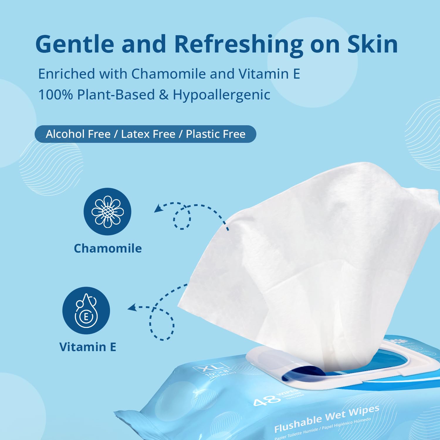 WhyWorry Flushable Wipes for Adults, Extra Large 8"x10" Butt Wipes for Toilet & Personal Cleansing, with Chamomile and Vitamin E, 100% Plant-Based, Septic & Sewer Safe, Sea Incense, 48 Count