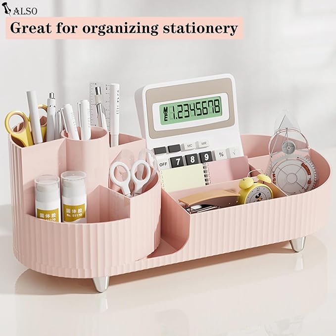 Pink Rotating Vanity Organizer with Brush Holder - Large Spinning Cosmetic Storage, Countertop Makeup & Skincare Organizer, Perfume & Lotions Display Case
