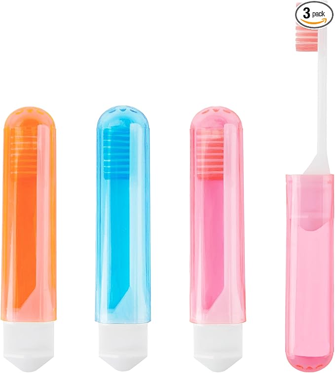 Travel Toothbrush 3Pcs Travel Toothbrush Set Mini Toothbrushes Soft Portable Toothbrushes Travels with Tooth Brush Cover Small Folding Toothbrush Individually Wrapped for Travels Home Orange Blue Pink
