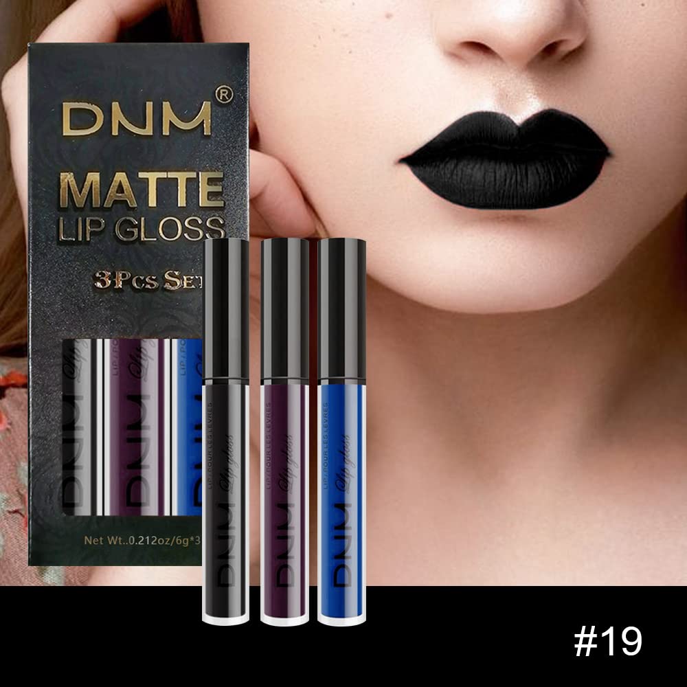 AMY'S DIARY 3Pcs Matte Liquid Lipstick Sets, Blue Dark Black Purple Matte Lipstick Lip Stain Long Lasting 24 Waterproof Lip Gloss Gift Set for Women Lippies (07)