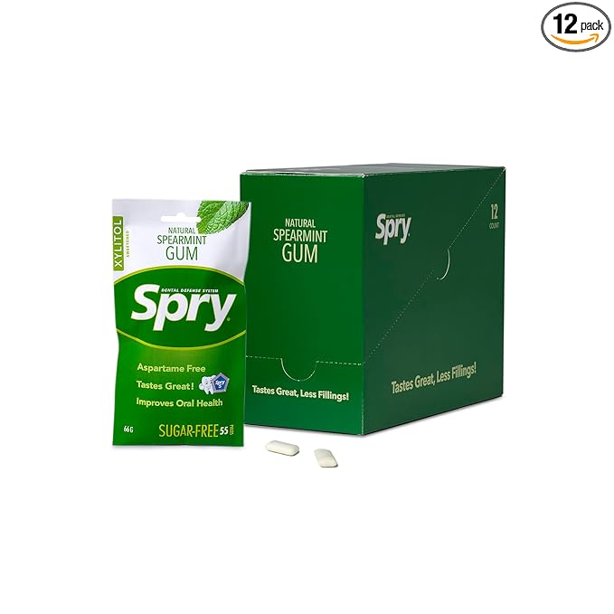 Spry On The Go Fresh Natural Xylitol Chewing Gum Dental Defense System - Aspartame-Free, Sugar-Free, Non-GMO (Spearmint, 55 Count - Pack of 12)