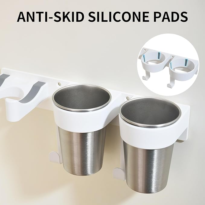 Hair Tool Organizer, Hot Tools Organizer Wall Mount White, Aluminum Hair Tool Organizer Wall Mount, Wall Mounted Hot Tool Organizer with 2 Stainless Steel Cups for Bathroom & Vanity Storage CHOCHYAH