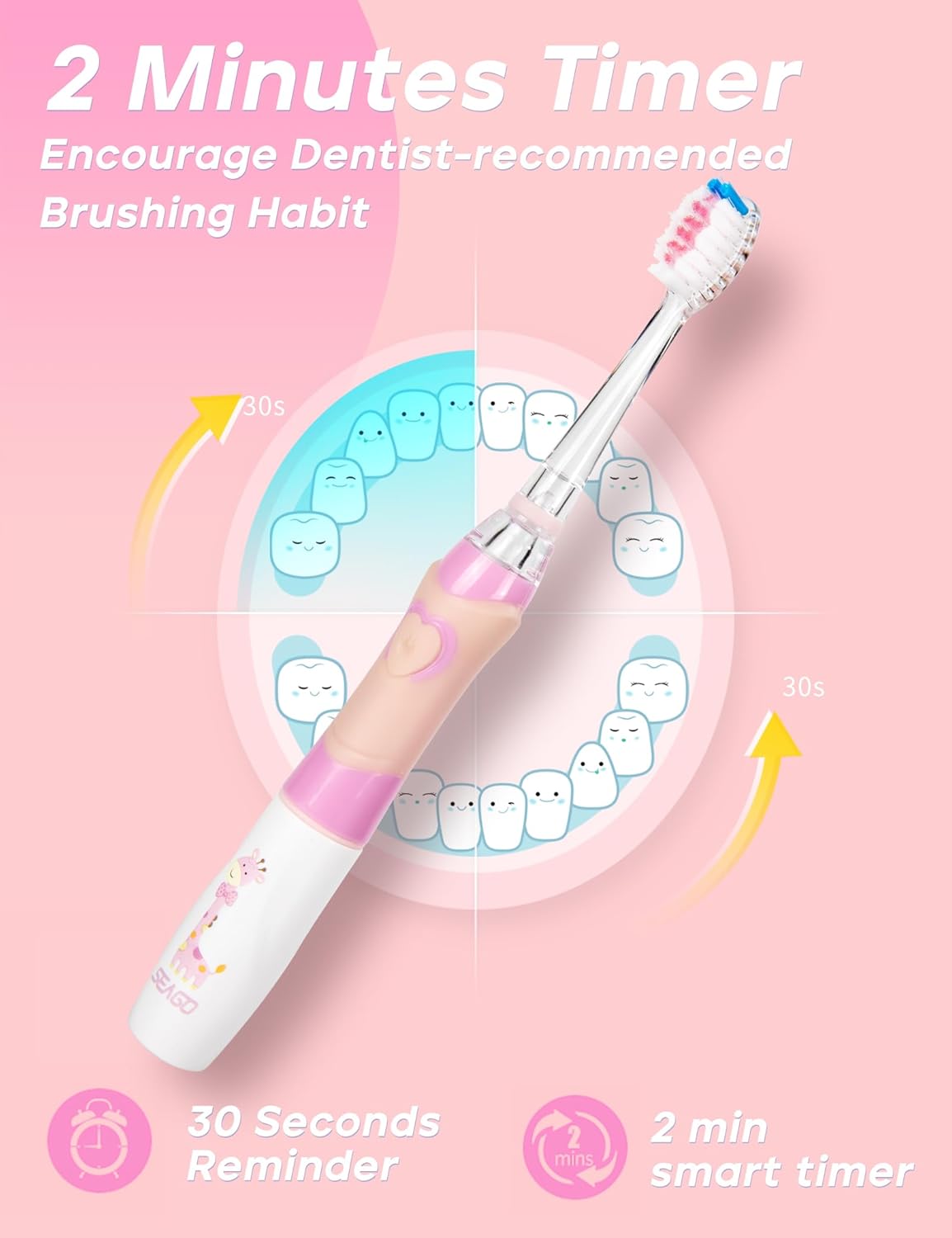 SEAGO Kids Electric Toothbrush with 2 Mins Brushing Timer and 8 Replacement Bursh Heads,Rainbow LED Light Make Brushing Fun, Pink Color Girls Battery Powerd Toothbrush for 4-12 Years Old