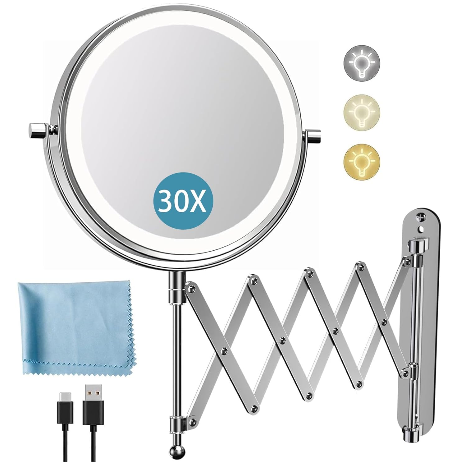 Rechargeable Wall Mounted Makeup Mirror - 8 Inch Double Sided 1X/30X Magnifying Mirror with 3 Color Lights Dimmable Touch Screen, 360°Swivel 19.6 Inch Extendable Accordion Bathroom Mirror - Chrome