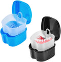 2 Pack Colors Denture Bath Case Cup Box Holder Storage Soak Container with Strainer Basket for Travel Cleaning (Light Blue and Black)
