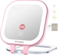 Shinowa Rechargeable Travel Makeup Mirror with 44 LED Lights, 1X/10X Magnifying Vanity Mirror with 3 Color Light, Folding Stand, 4 Inch Portable Dimmable Double Sided Compact Lighted Mirror, Pink