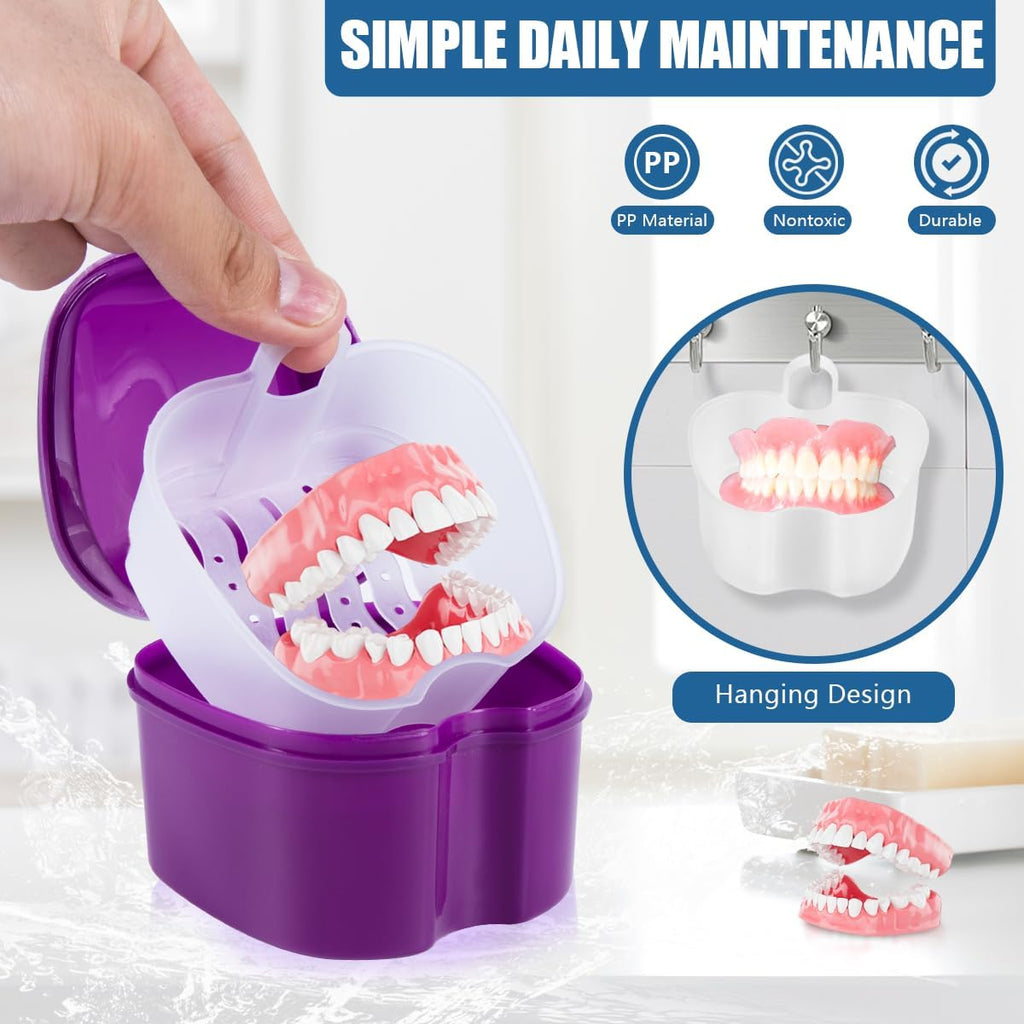 Purple Denture Bath Case Cup Box Holder Storage Soak Container with Strainer Basket for Travel Cleaning