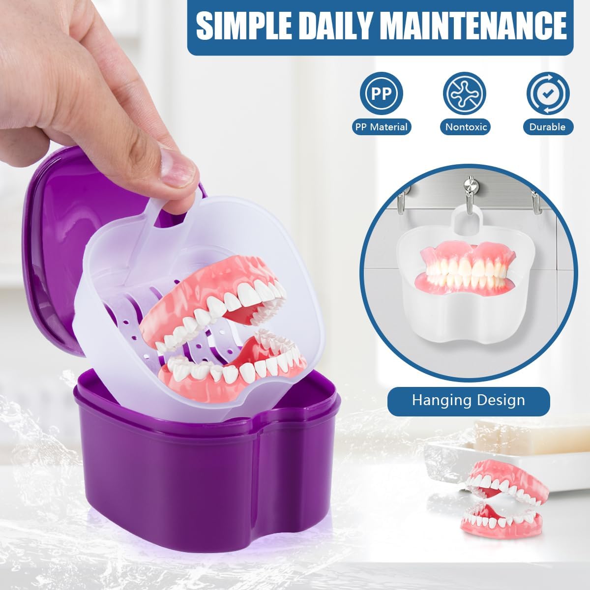 Purple Denture Bath Case Cup Box Holder Storage Soak Container with Strainer Basket for Travel Cleaning