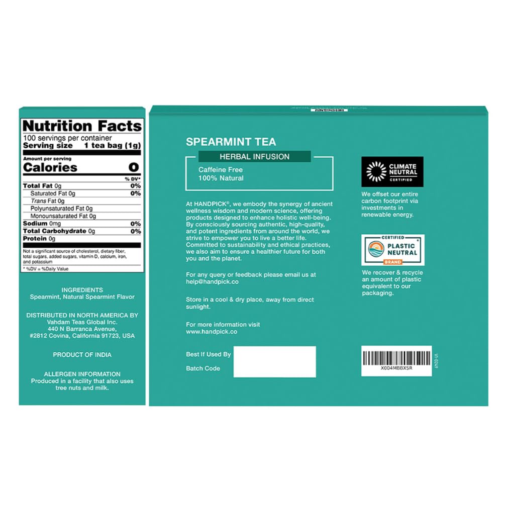 HANDPICK, Spearmint Tea Bags for PCOS relief (100 Herbal Tea Bags) |Refreshing Mint Tea | Non-GMO | Round Eco-Conscious Teabags