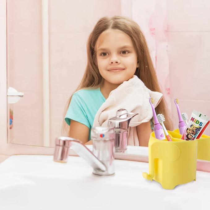 RyanLemon Elephant Toothbrush Holder for Kids, Suction Cup Electric Toothbrush and Toothpaste Holder for Toddler, Cute Toddler Toothbrush Holder with 3 Slots and a Hook for Hanging Bath Ball, Yellow