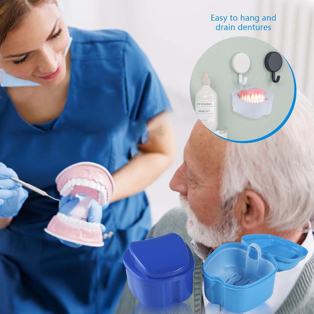 White Denture Bath Case Cup Box Holder Storage Soak Container with Strainer Basket for Travel Cleaning