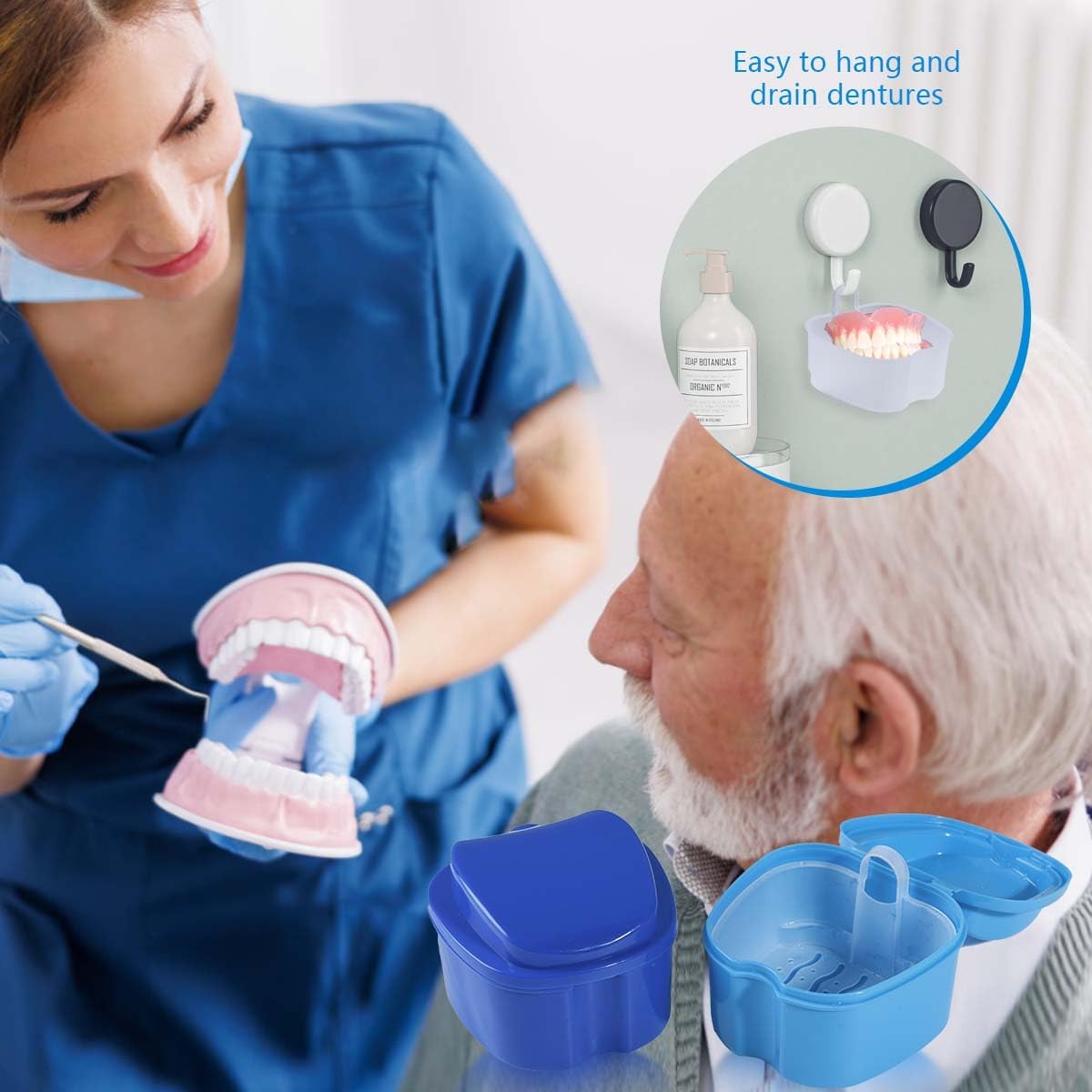 White Denture Bath Case Cup Box Holder Storage Soak Container with Strainer Basket for Travel Cleaning
