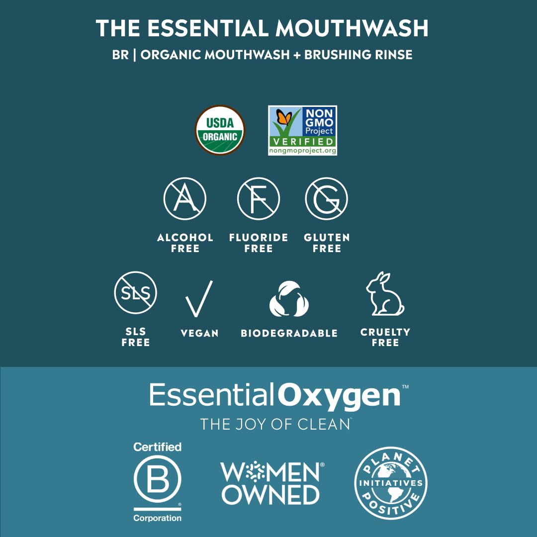 Essential Oxygen BR Certified Organic Brushing Rinse, All Natural Mouthwash for Whiter Teeth, Fresher Breath, and Happier Gums, Alcohol-Free Oral Care, Wintergreen, 2 Piece Set, 16 Oz