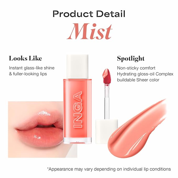 INGA Water Glow Lip Tint | Hydrating, Glossy Korean Lip Tint with Sheer Color & Glass-Like Shine | Long-Lasting, Non-Sticky Korean Lip Stain (MIST)