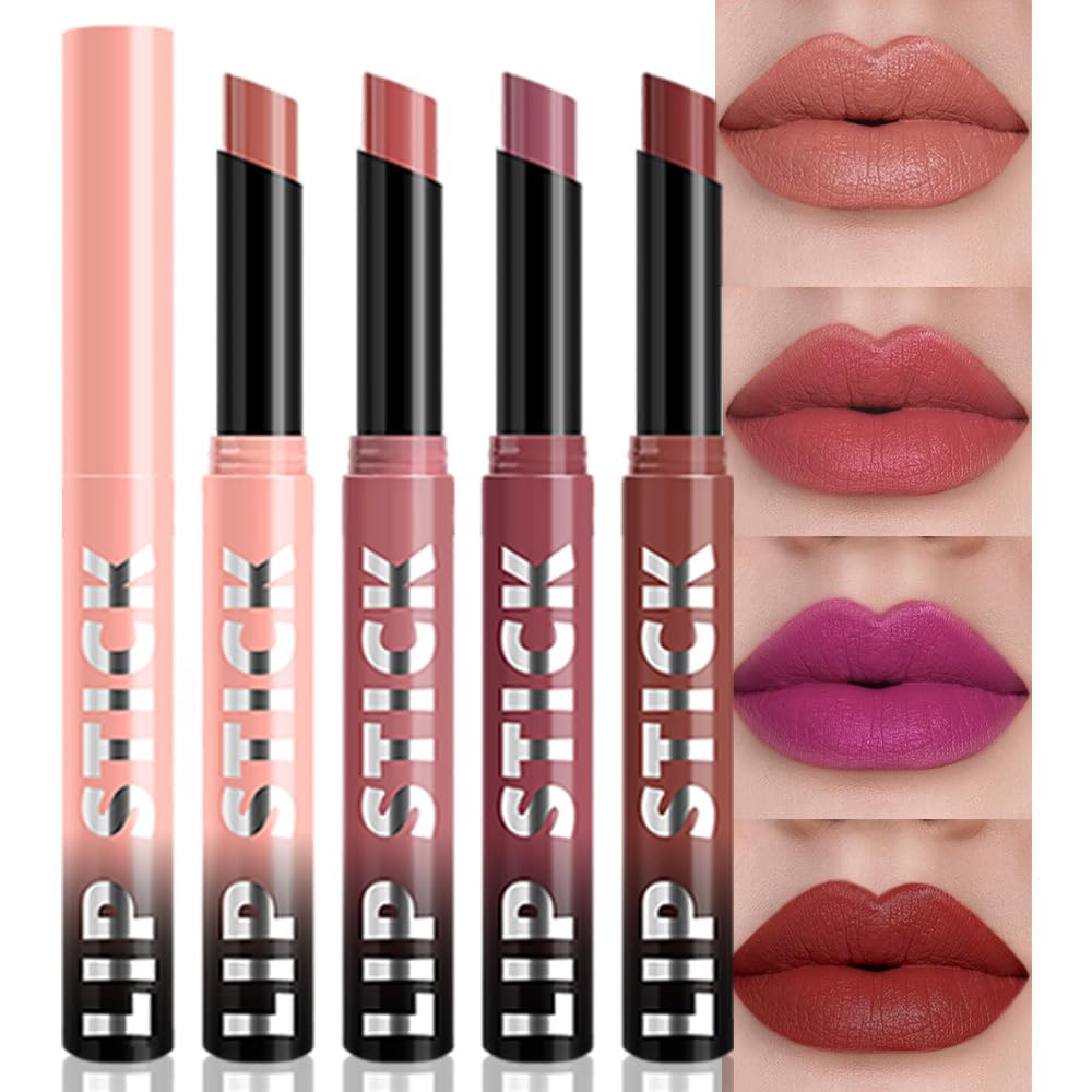 4Pcs Matte Lipstick Set for Women, Warm Pink Coral Red Purple Dark Red Lipsticks Lip Balm, Long Lasting Waterproof Transfer-Proof Vegan Lip Gloss Beauty Products Makeup All-Day Formula SetA01