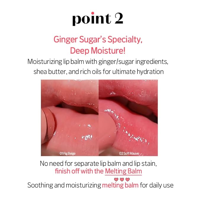 Etude Ginger Sugar Melting Balm Stick 01 Fig Beige | Tinted Moisturizing Lip balm | Natural Ingredients Hydrate Ginger, Sugar, Shea Butter Moisturizing Relaxing Effect | K-Beauty