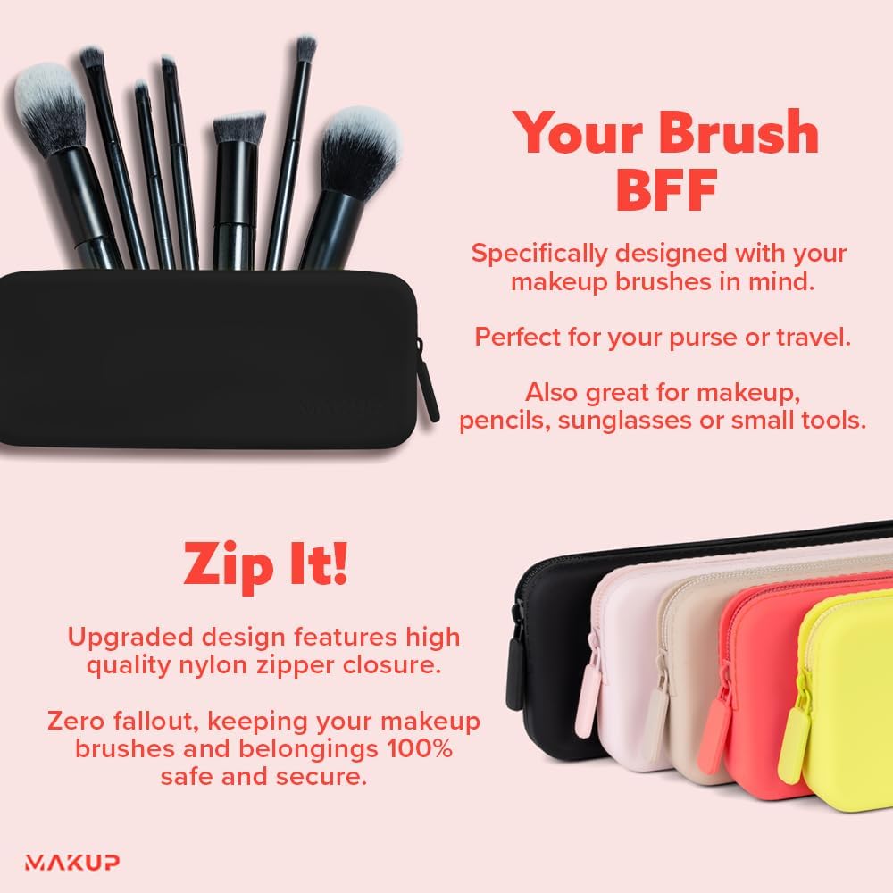 MAKUP Silicone Makeup Bag, Makeup Brush Holder with Zipper for Organizing Cosmetics, Makeup Brushes, Tools and Pencils, Washable Makeup Brush Holder Pouch for Travel (Black Out)