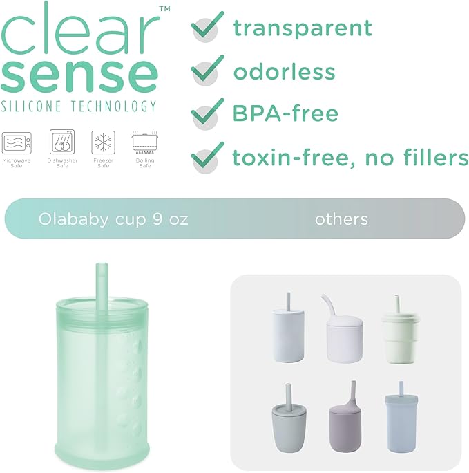 Olababy Clear View Silicone Training Cup with Straw Lid | Toddler Sippy Trainer 12mo+ | Unbreakable Water Drinking Cups for Kids 2yr+ | Baby Led Weaning & Feeding Supplies (Mint, 9 oz)