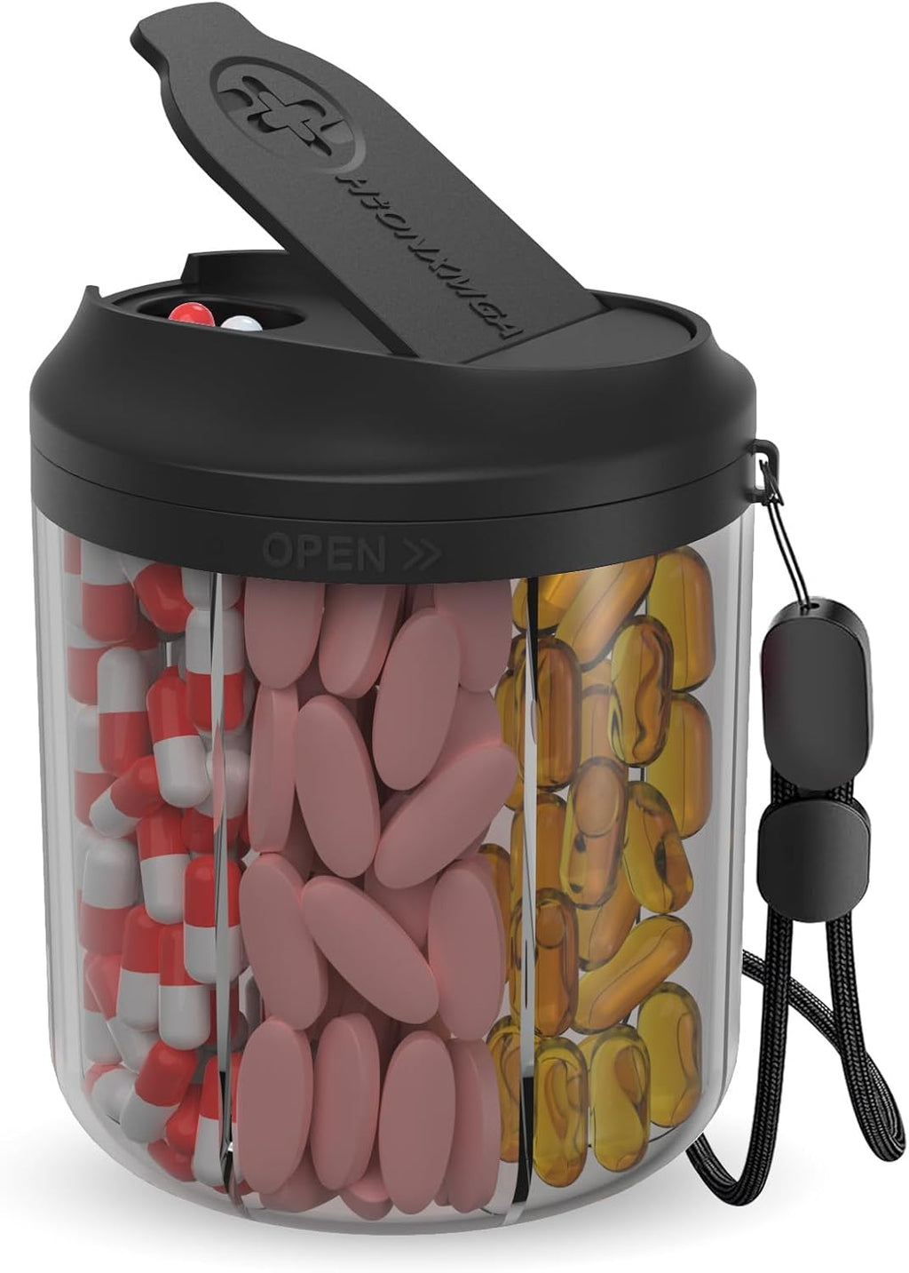 Pill Dispenser with 7 Large Compartments, Pill Organizer for Travel, Supplement Organizer with Anti-Mixing Design, BPA-Free Pill Container with 20 Pcs Labels, Black