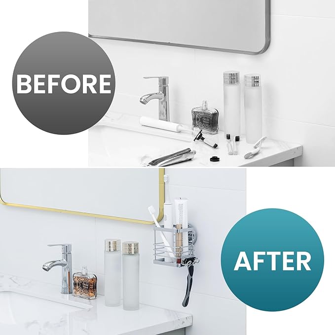 TAILI Patented Suction Cup Toothbrush Holder, Stainless Steel Anti-Puddling Shower Toothbrush Holder, No Drilling Removable Organizer for Bathroom Toothpaste, Razor, Kitchen and Office Items, Silver