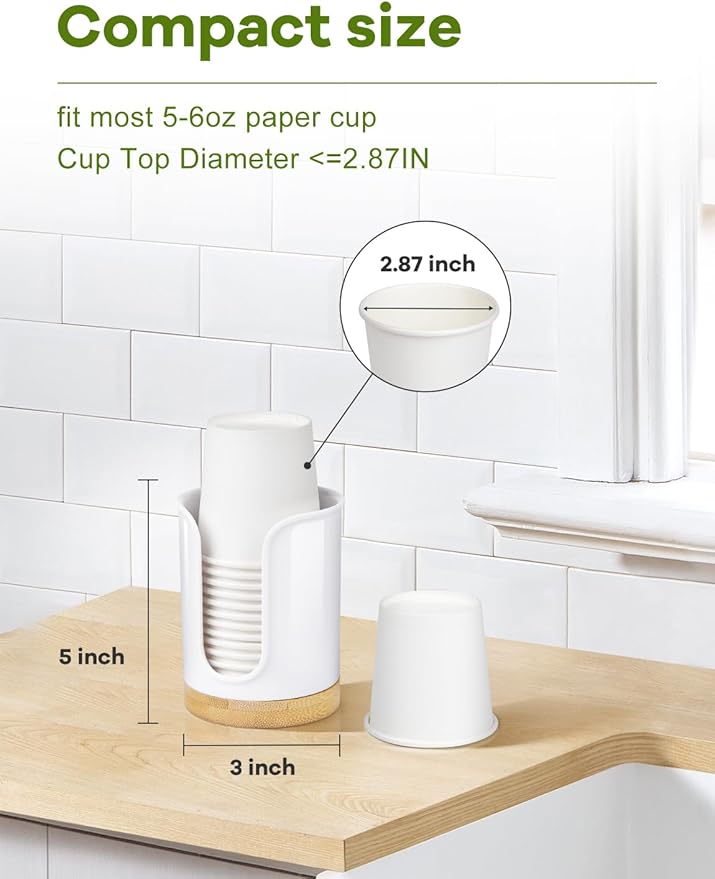 Bathroom Cup Dispenser Countertop - Cup Holder for Dixie 5 6 oz Cups, Guest Bathroom Essentials Vanity Organizer - PC/Bamboo, White, Pack of 1