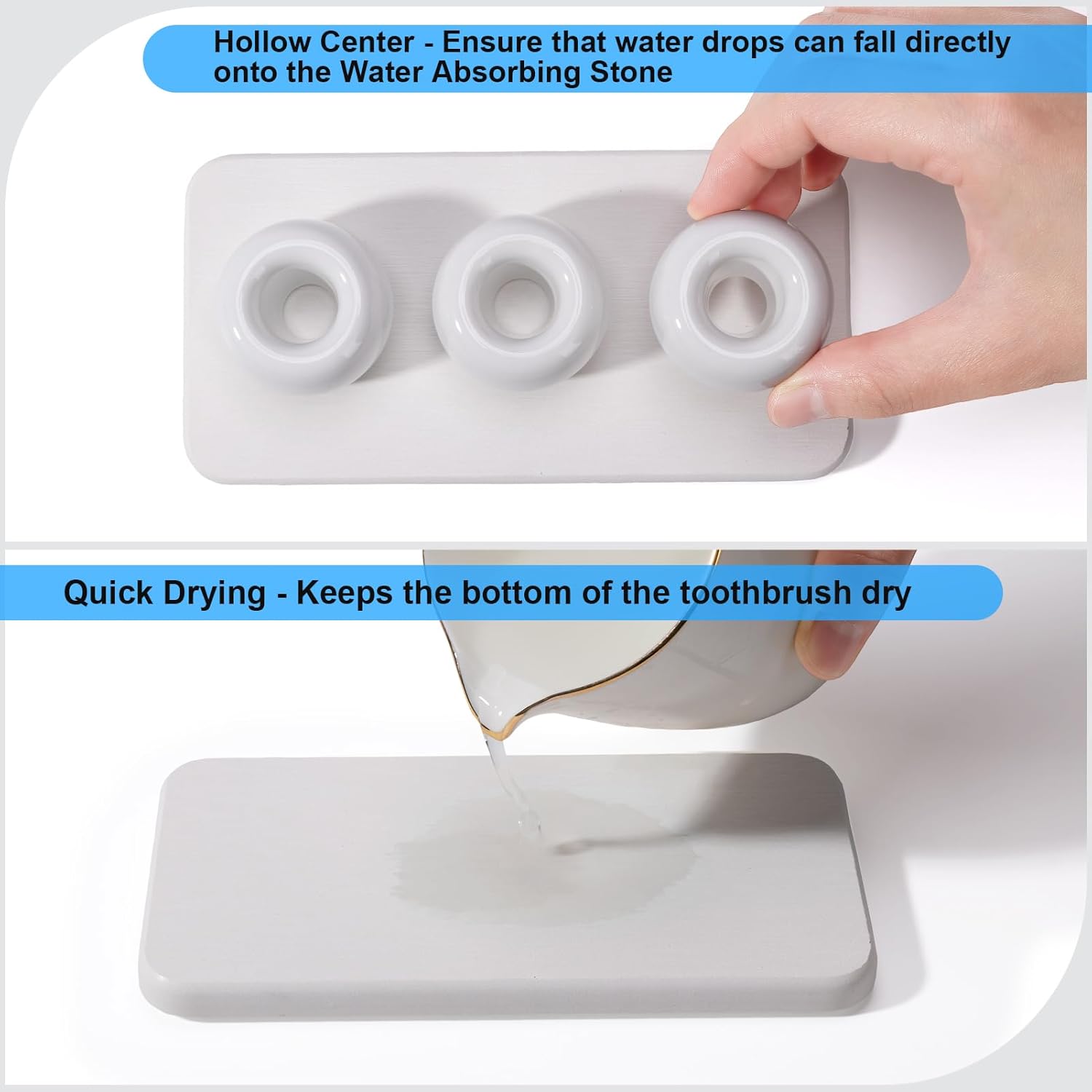 3 Pack Mini Ceramic Toothbrush Holder Stand with 1 Pack Water Absorbing Stone for Bathroom Vanity Countertop, Toothbrush Organizer, White