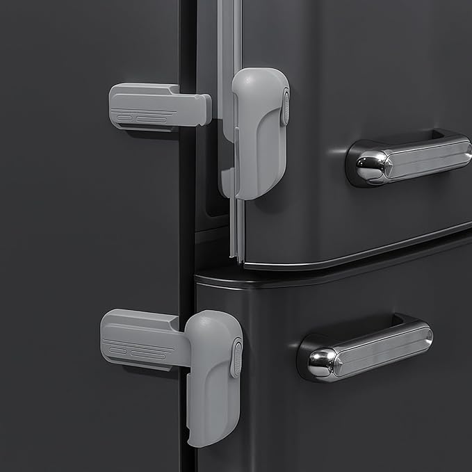 2 Pack Child Proof Fridge Lock, Baby Safety Refrigerator & Freezer Door Lock for Toddlers, Kids & Pets, One-Hand Operation, Strong Adhesive, No Tools or Drilling Needed, Gray