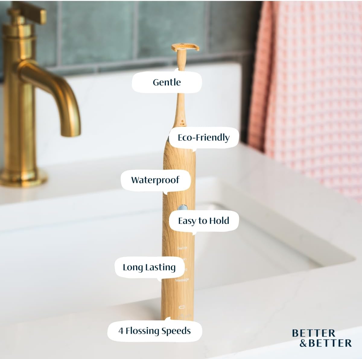 Better & Better Bamboo Sonic Electric Flosser for Teeth | Electric Dental Flosser for Sensitive Gums & Deep Cleaning w/ 4 Flossing Modes | Rechargeable, Dentist Recommended & Water Floss Alternative