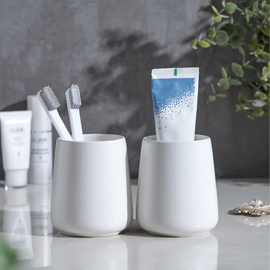 White Toothbrush Holder for Bathroom - Ceramic Tooth Brushing Holders, Toothbrush Cup & Toothpaste Organizer for Bathroom Countertop, Makeup Brush Holder, Pen Holder for Home Desktop Storage
