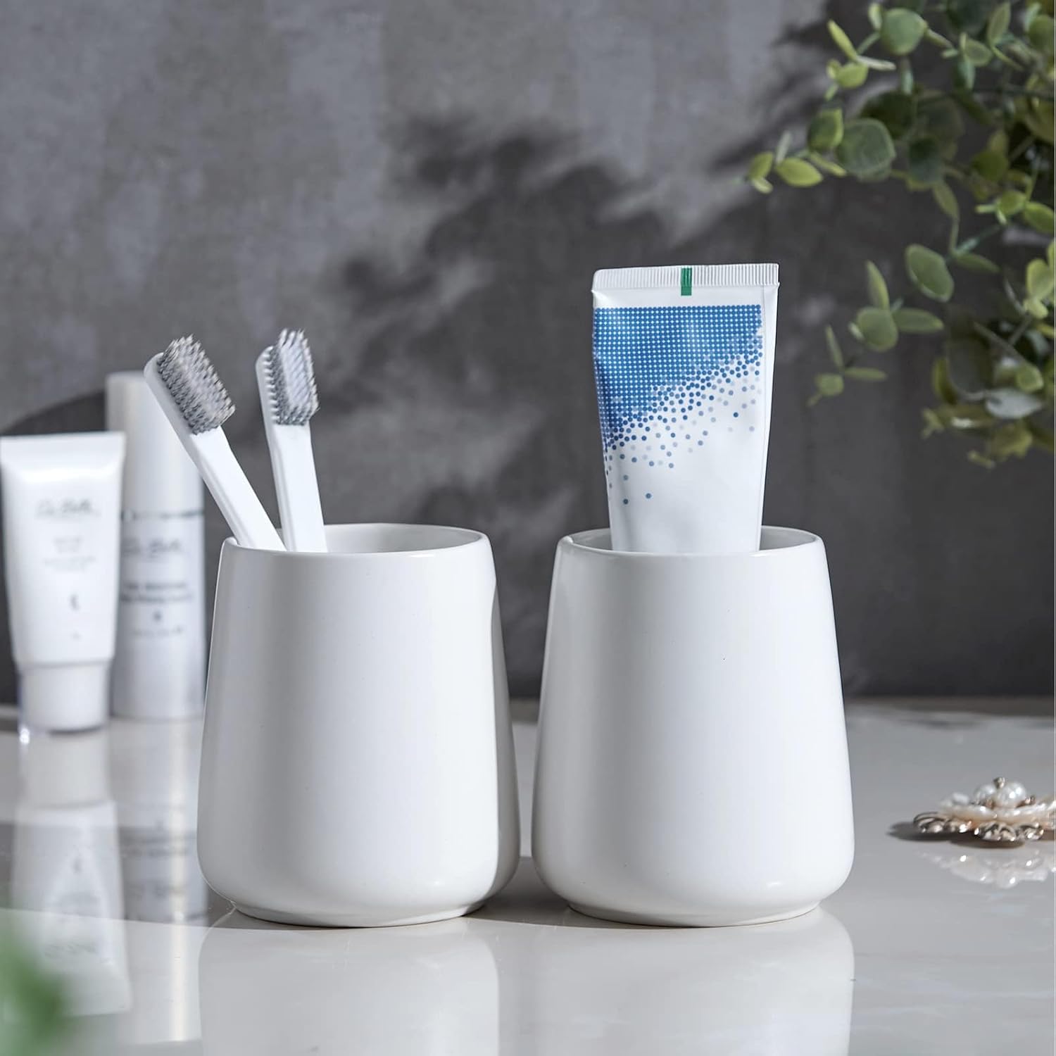 White Toothbrush Holder for Bathroom - Ceramic Tooth Brushing Holders, Toothbrush Cup & Toothpaste Organizer for Bathroom Countertop, Makeup Brush Holder, Pen Holder for Home Desktop Storage