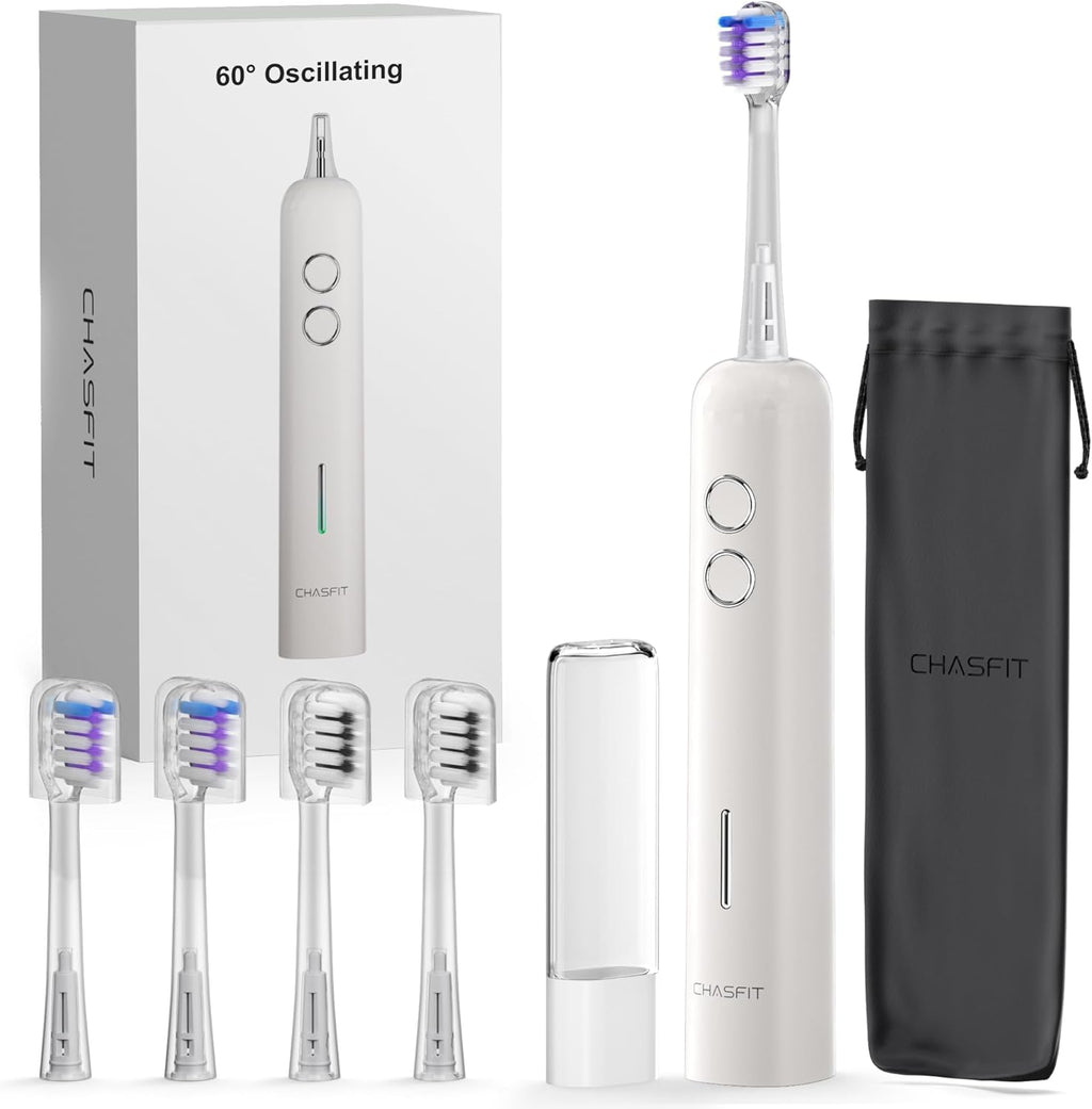 Electric Toothbrush Wave Oscillation & Vibration Sonic Tooth Brush for Adults BASS-Brushing Technique Travel Rechargeable Toothbrushes 4 Soft Bristle Replace Heads IPX7 Gifts for Men Women White
