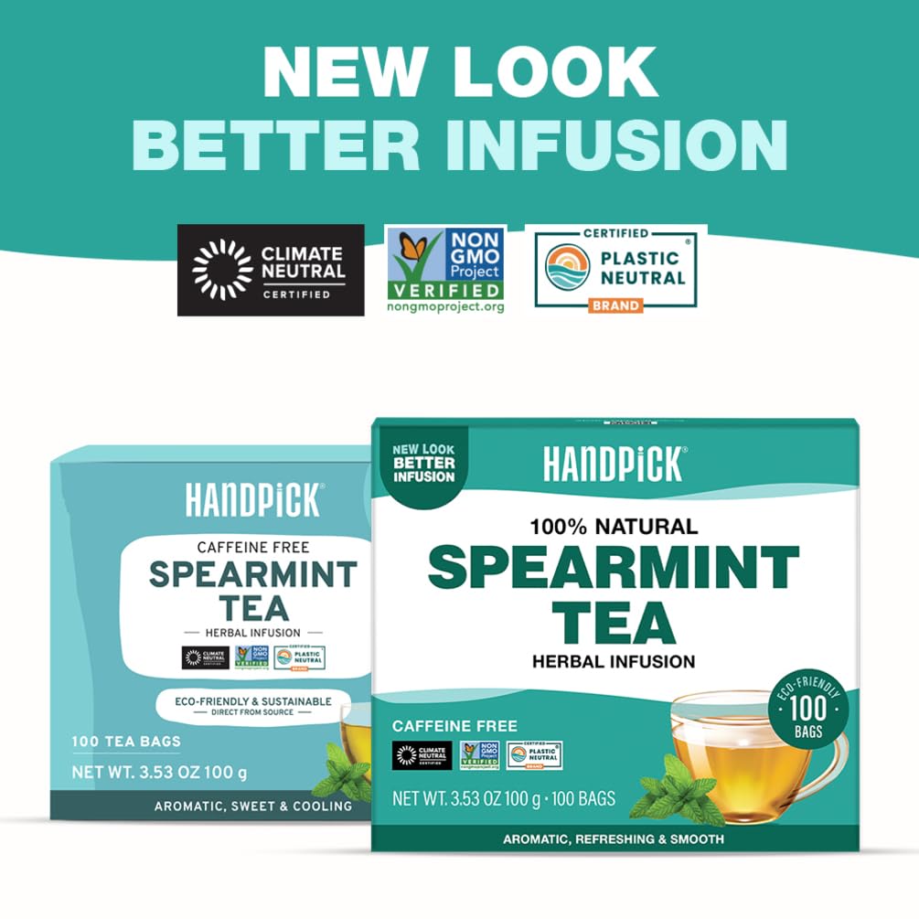 HANDPICK, Spearmint Tea Bags for PCOS relief (100 Herbal Tea Bags) |Refreshing Mint Tea | Non-GMO | Round Eco-Conscious Teabags