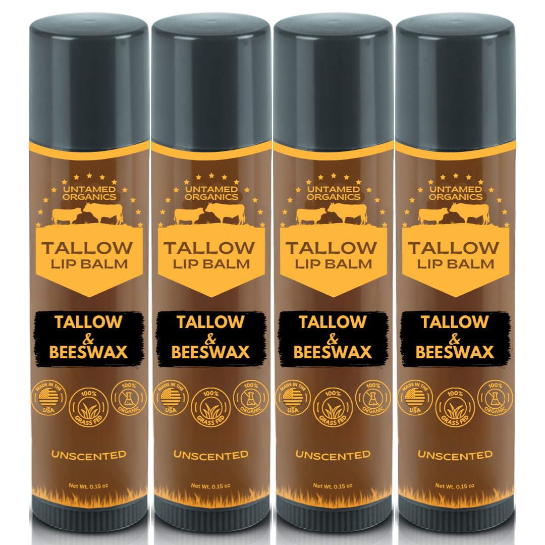 Pure Tallow Lip Balm | 100% Grass-Fed Beef Tallow and Organic Beeswax | Moisturizing Lip Care for Dry, Chapped Lips | Hypoallergenic, Fragrance-Free | Handcrafted in USA | 4-Pack