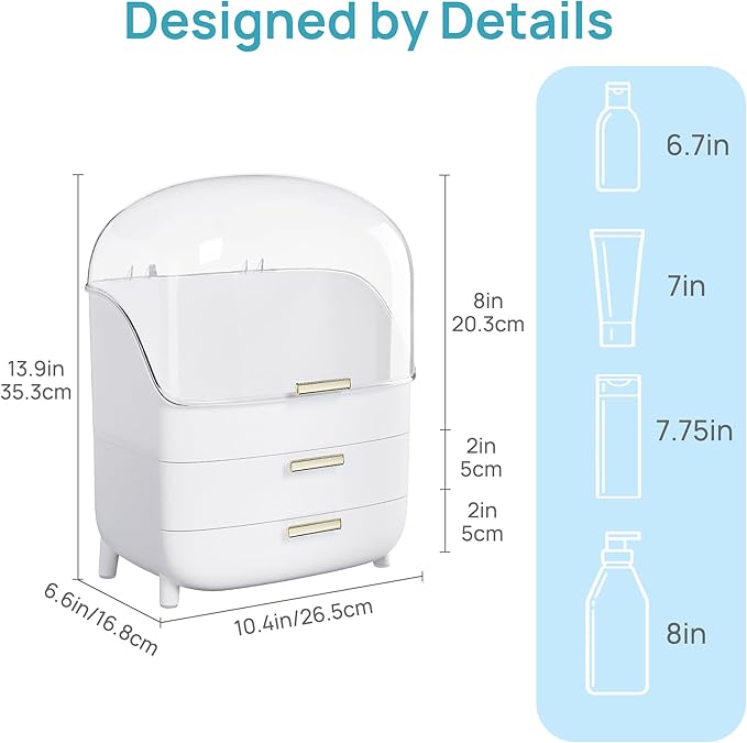 Vtopmart 3-Tier Skincare Makeup Organizer with Drawers and Lid for Vanity and Bathroom Countertop, Large Cosmetic Storage Box Case for Dresser, with Non-Slip Base
